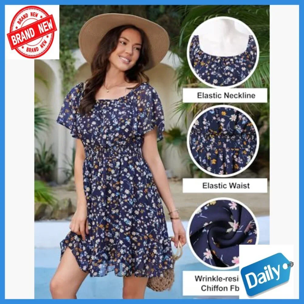 Flutter Sleeve Chiffon Sundress A-Line Knee-Length Casual Summer Dress